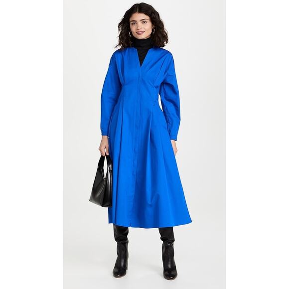 Tory Burch Blue Cotton Poplin V-Neck Pleated Long Sleeve Maxi Shirt Dress Size 6 - Picture 1 of 13
